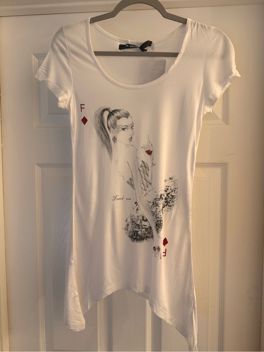 White Graphic Short-Sleeve Tee with Asymmetric Hem